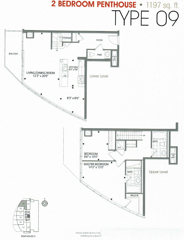 Floor plan for 2 beds, 2.5 baths, 1197 sqft