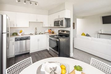 Omaha apartment for rent - A modern kitchen with stainless steel appliances and white cabinets.