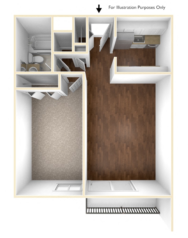 Floor plan for 1 bed, 1 bath, 720 sqft