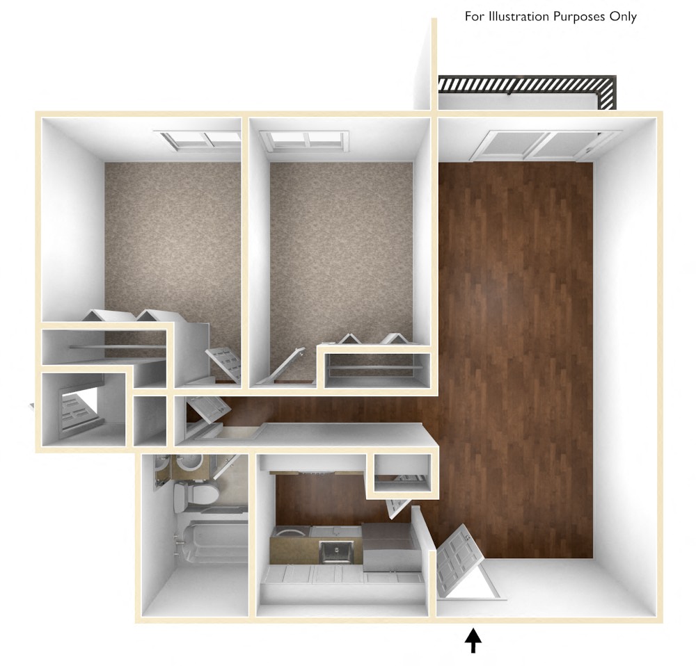 Floor plan for 2 beds, 1 bath, 946 sqft