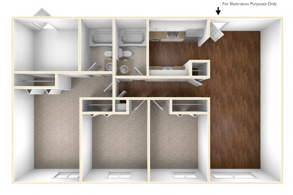 Floor plan for 3 beds, 2 baths, 1255 sqft