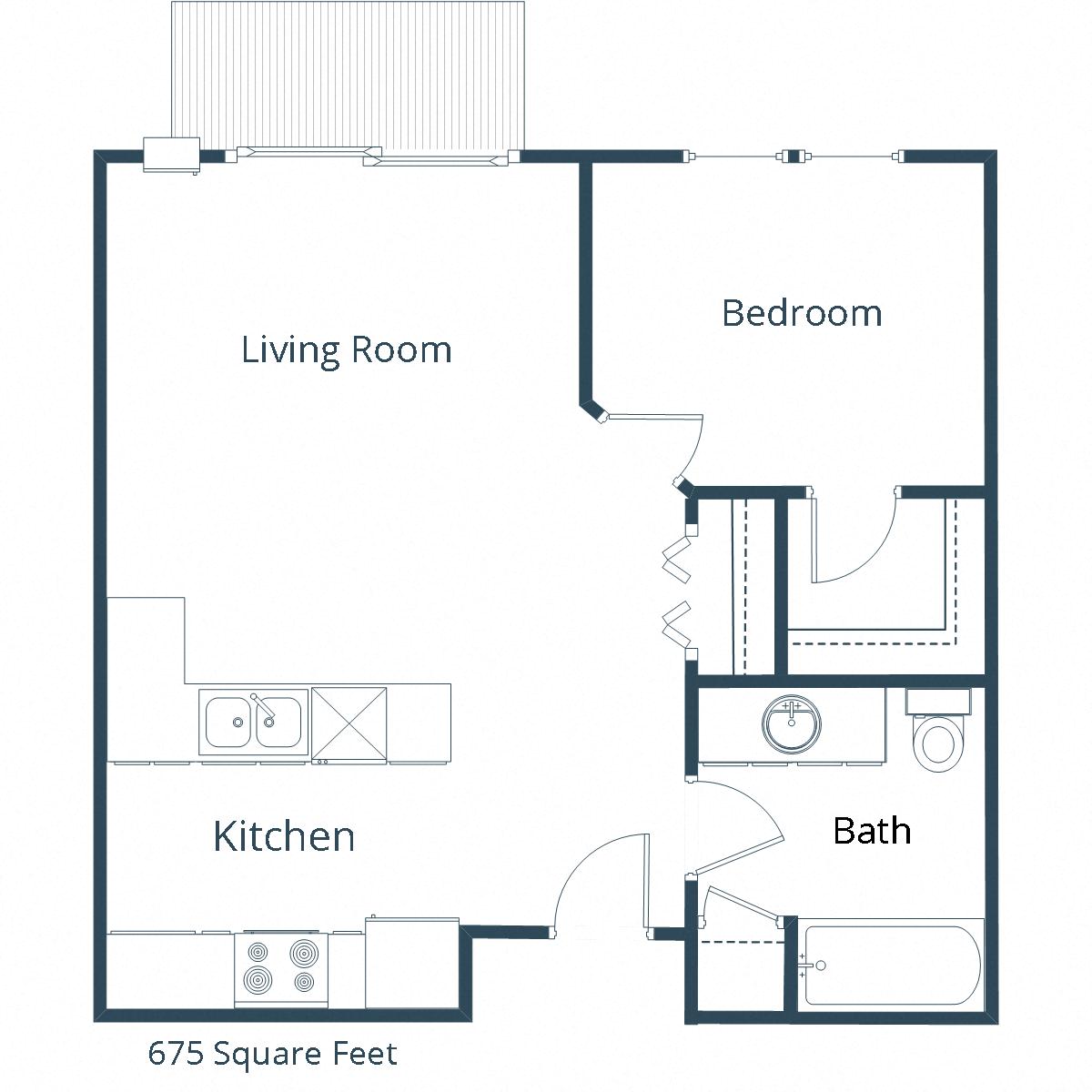 Floor plan for 1 bed, 1 bath, 675 sqft