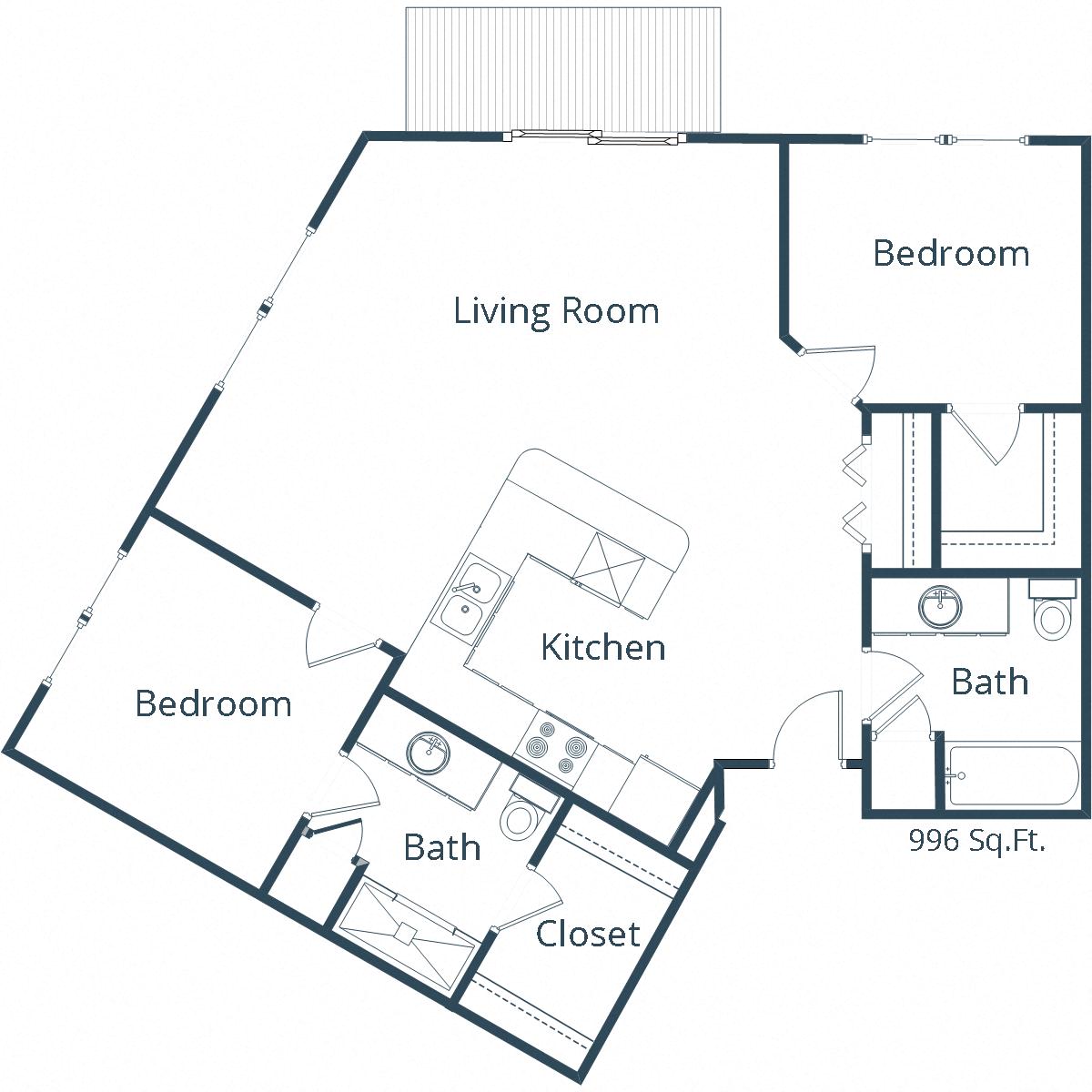 Floor plan for 2 beds, 2 baths, 996 sqft