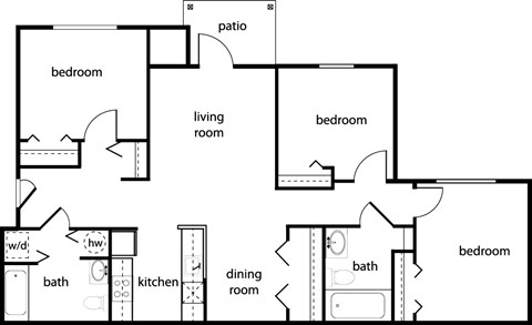 Floor plan for 3 beds, 2 baths, 1017 sqft