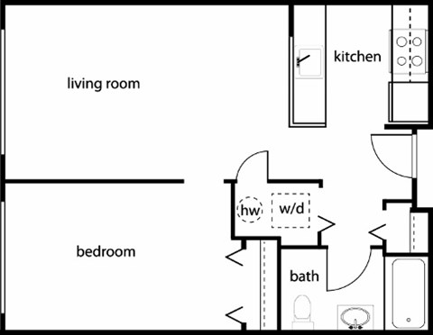 Floor plan for 1 bed, 1 bath, 625 sqft