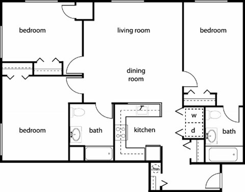 Floor plan for 3 beds, 2 baths, 1316 sqft