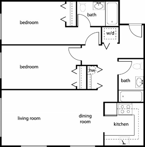 Floor plan for 2 beds, 2 baths, 1032 sqft