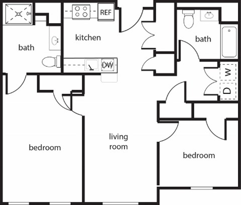 Floor plan for 2 beds, 2 baths, 901 sqft