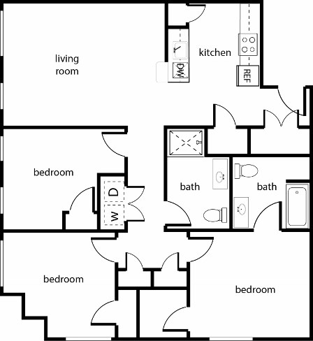 Floor plan for 3 beds, 2 baths, 1281 sqft