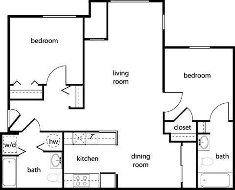 Floor plan for 2 beds, 2 baths, 878 sqft