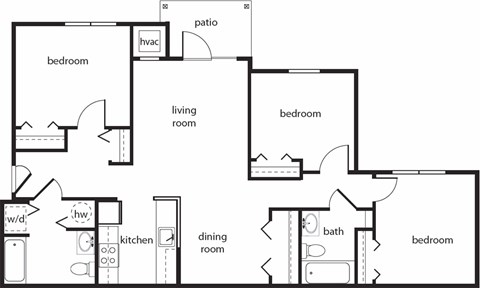 Floor plan for 3 beds, 2 baths, 1086 sqft