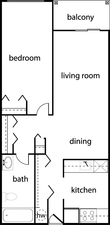 Floor plan for 1 bed, 1 bath, 722 sqft