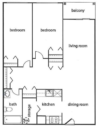 Floor plan for 2 beds, 1 bath, 1037 sqft