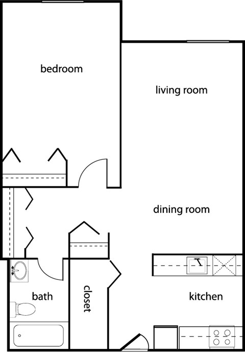 Floor plan for 1 bed, 1 bath, 750 sqft