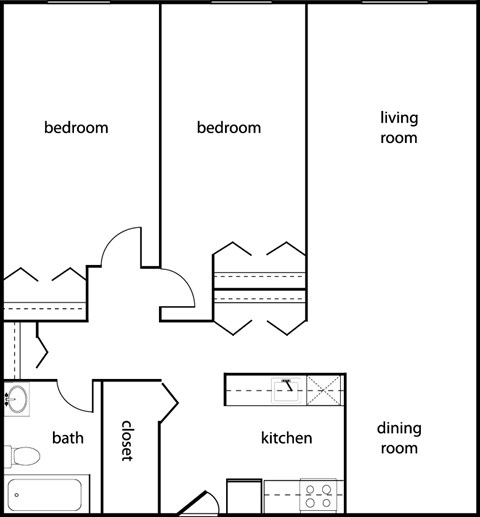 Floor plan for 2 beds, 1 bath, 940 sqft