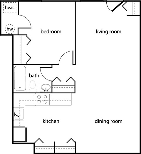 Floor plan for 1 bed, 1 bath, 667 sqft