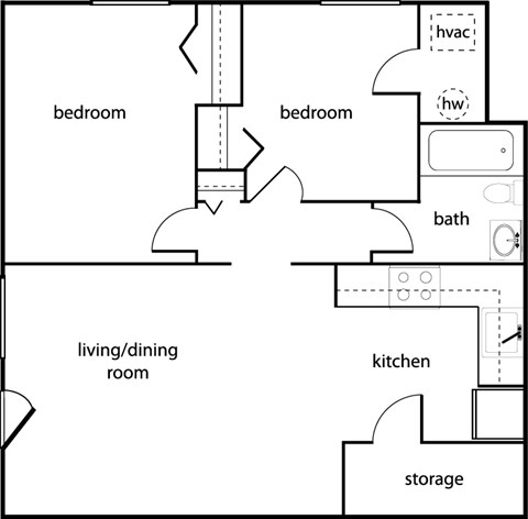 Floor plan for 2 beds, 1 bath, 791 sqft
