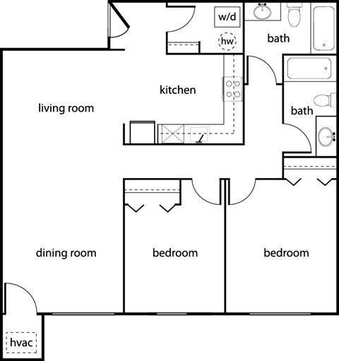 Floor plan for 2 beds, 2 baths, 876 sqft