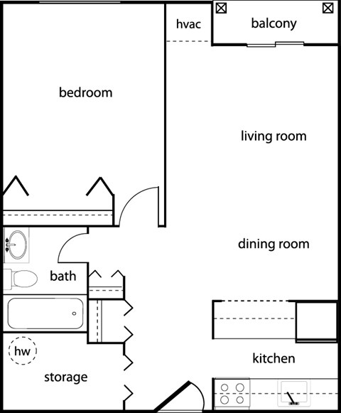 Floor plan for 1 bed, 1 bath, 606 sqft