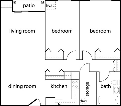 Floor plan for 2 beds, 1 bath, 900 sqft