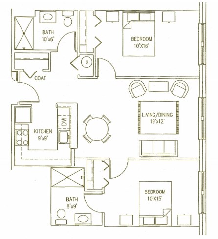 Floor plan for 2 beds, 2 baths, 923 sqft