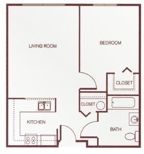 Floor plan for 1 bed, 1 bath, 668 sqft