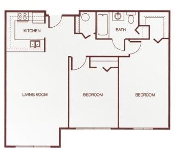 Floor plan for 2 beds, 1 bath, 908 sqft