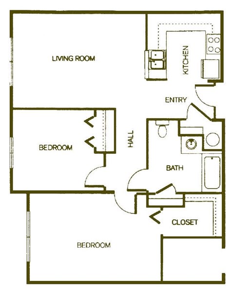 Floor plan for 2 beds, 1 bath, 869 sqft
