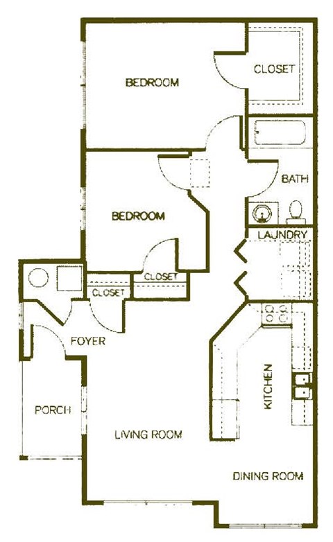 Floor plan for 2 beds, 1 bath, 923 sqft