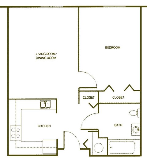 Floor plan for 1 bed, 1 bath, 793 sqft