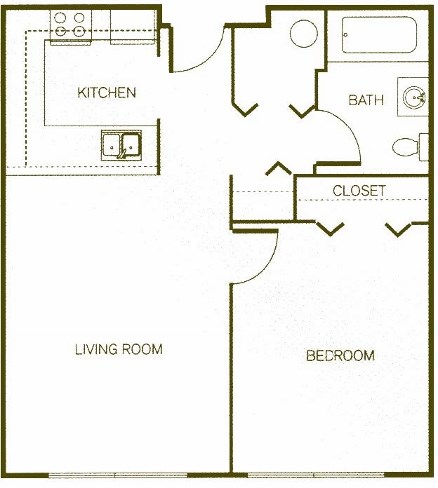 Floor plan for 1 bed, 1 bath, 654 sqft