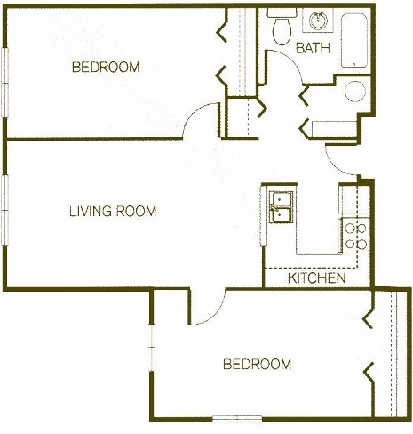 Floor plan for 2 beds, 1 bath, 562 sqft