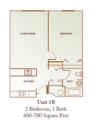 Floor plan for 1 bed, 1 bath, 700 sqft