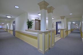 Elkins Park apartment for rent - an empty hallway in a hospital with white columns and blue doors