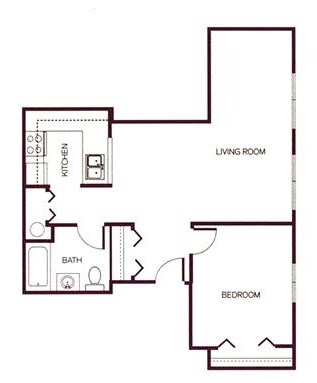 Floor plan for 1 bed, 1 bath, 615 sqft