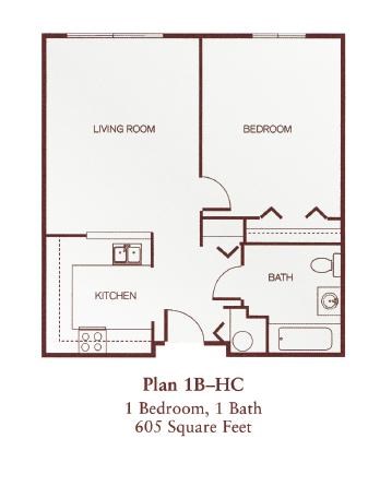 Floor plan for 1 bed, 1 bath, 605 sqft