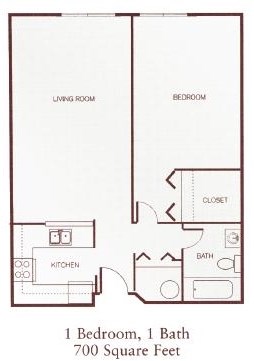Floor plan for 1 bed, 1 bath, 600 sqft