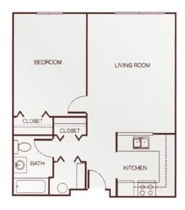 Floor plan for 1 bed, 1 bath, 750 sqft