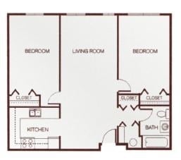 Floor plan for 2 beds, 1 bath, 921 sqft