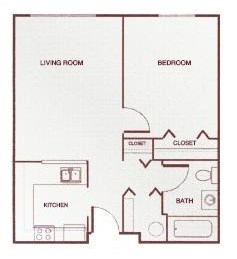 Floor plan for 1 bed, 1 bath, 659 sqft