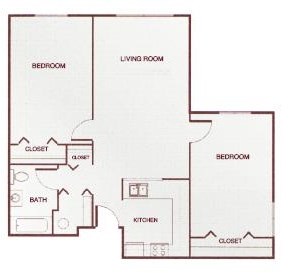 Floor plan for 2 beds, 1 bath, 942 sqft