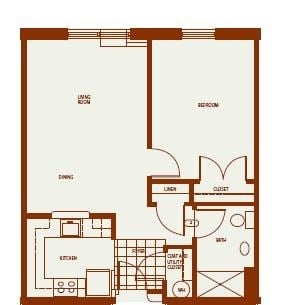 Floor plan for 1 bed, 1 bath, 650 sqft