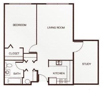 Floor plan for 1 bed, 1 bath, 758 sqft