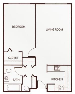 Floor plan for 1 bed, 1 bath, 612 sqft