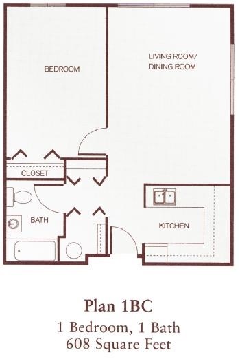 Floor plan for 1 bed, 1 bath, 704 sqft