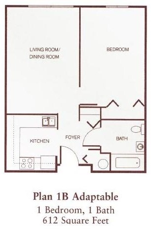 Floor plan for 1 bed, 1 bath, 608 sqft