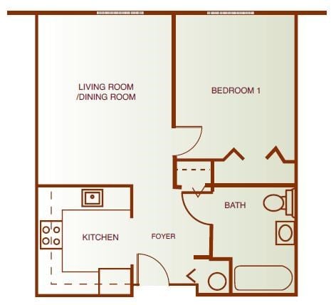 Floor plan for 1 bed, 1 bath, 685 sqft