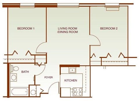 Floor plan for 2 beds, 1 bath, 947 sqft