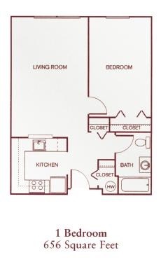 Floor plan for 1 bed, 1 bath, 656 sqft