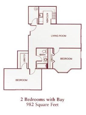 Floor plan for 2 beds, 1 bath, 969 sqft